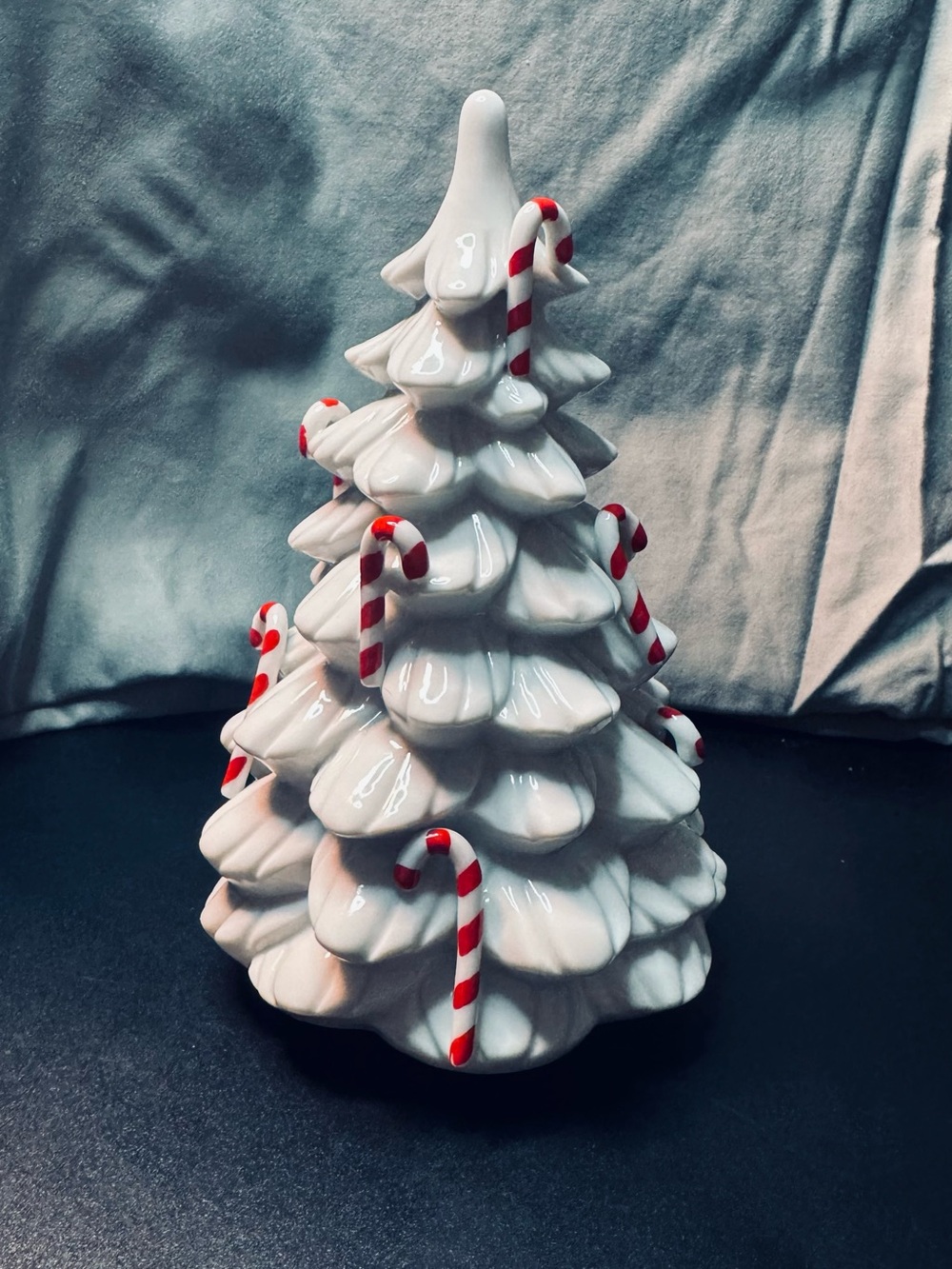 Vintage White Musical Ceramic Holiday Tree with Red Candy Canes
